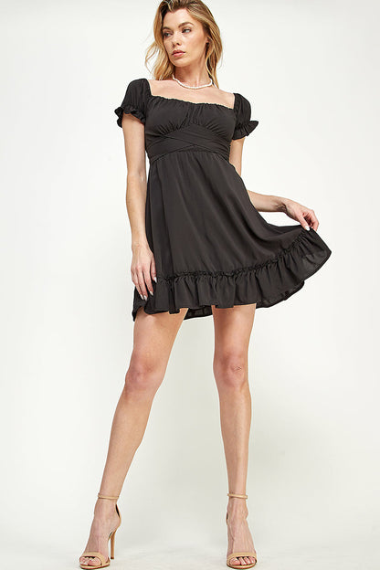 SD0209 STRETCHED WOVEN TIE WAIST DRESS-