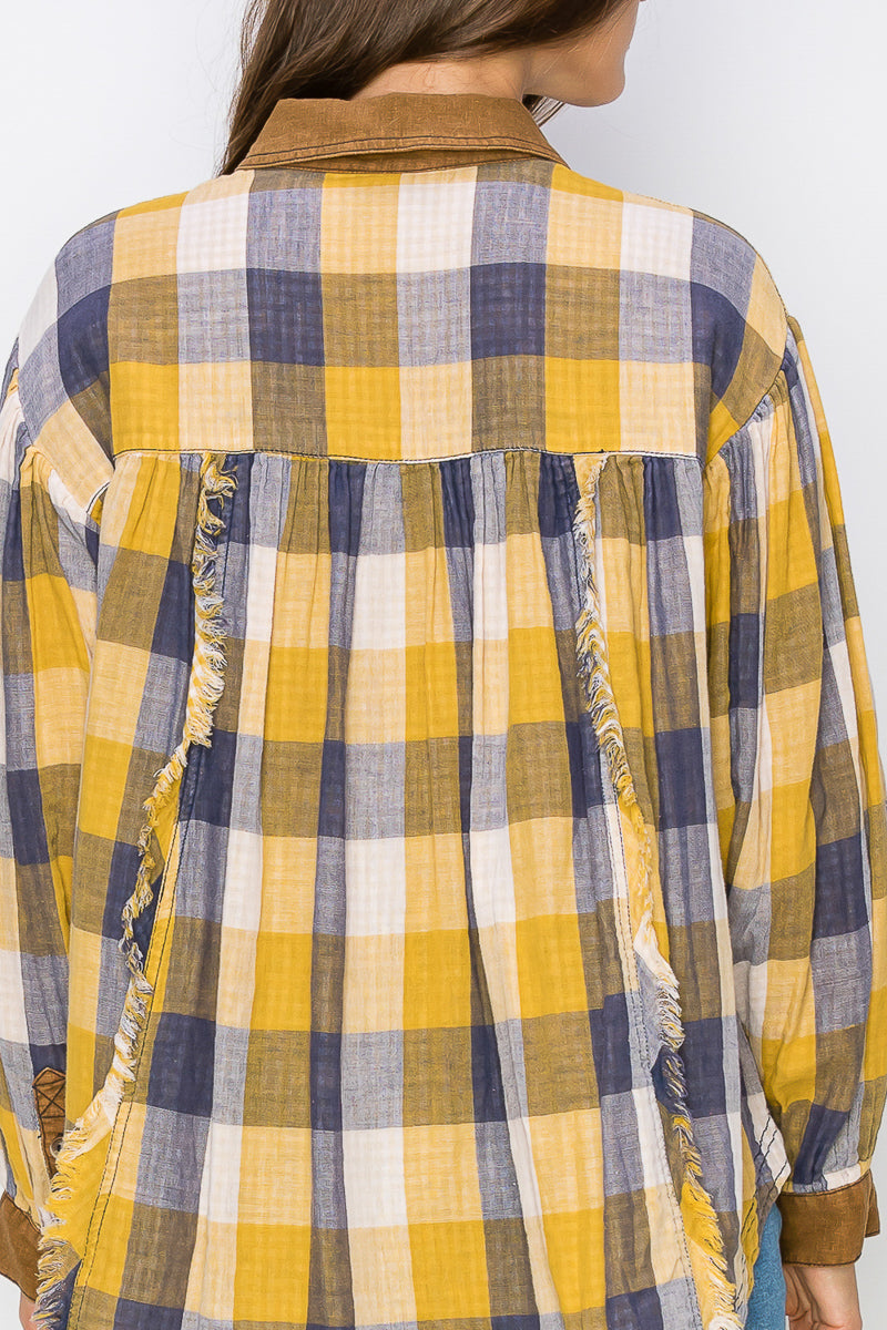WT0035 Washed Balloon Sleeves Plaid Blouse