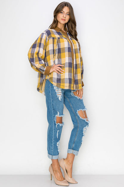 WT0035 Washed Balloon Sleeves Plaid Blouse