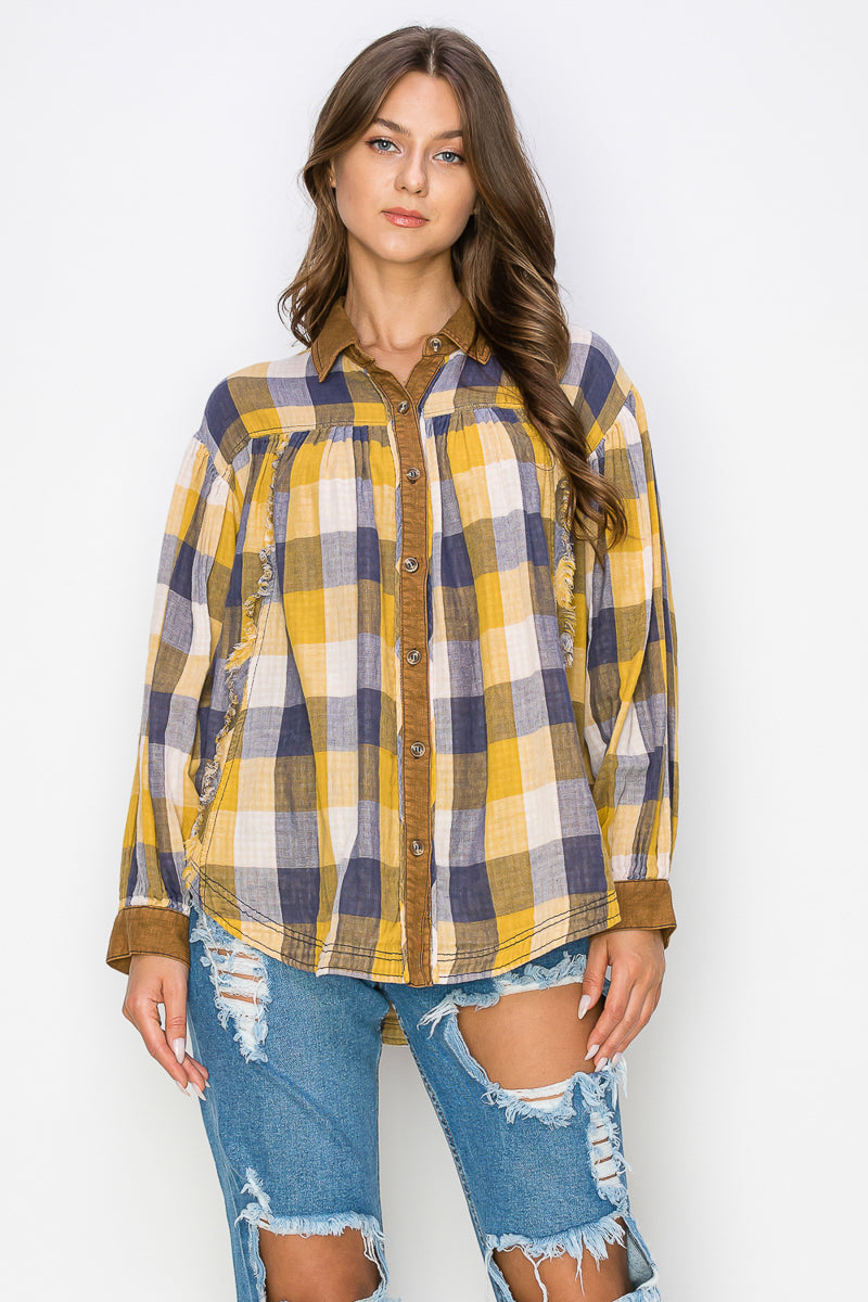 WT0035 Washed Balloon Sleeves Plaid Blouse