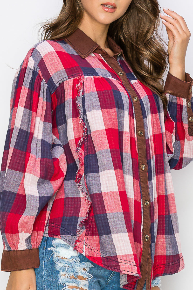 WT0035 Washed Balloon Sleeves Plaid Blouse