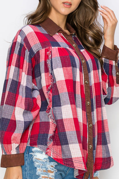 WT0035 Washed Balloon Sleeves Plaid Blouse