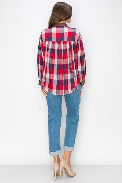 WT0035 Washed Balloon Sleeves Plaid Blouse