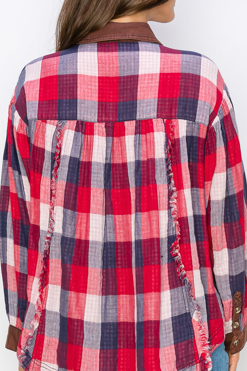 WT0035 Washed Balloon Sleeves Plaid Blouse