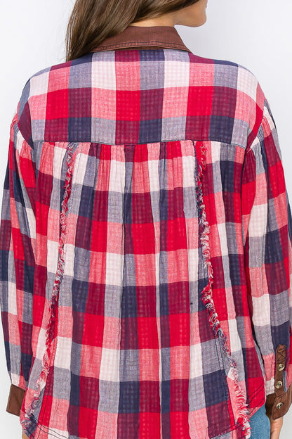 WT0035 Washed Balloon Sleeves Plaid Blouse