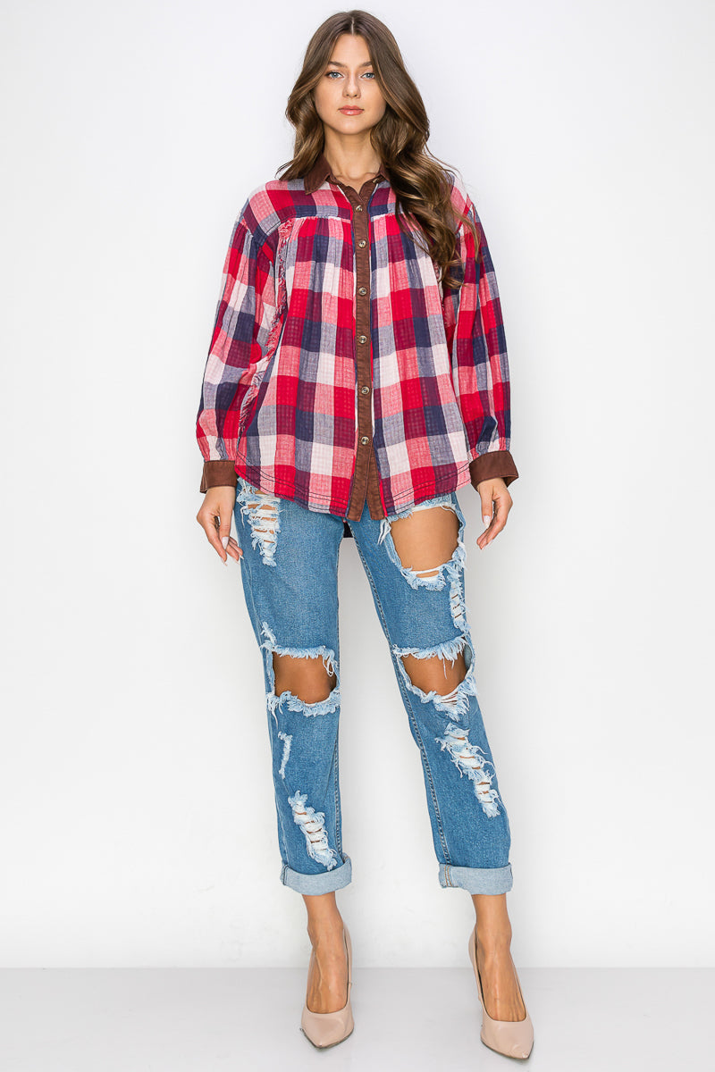 WT0035 Washed Balloon Sleeves Plaid Blouse